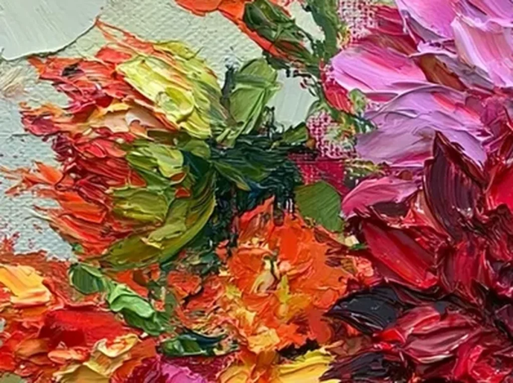 Extreme close-up macro of knife-built dahlia petal ridges in crimson, orange, and yellow paint on canvas TA20