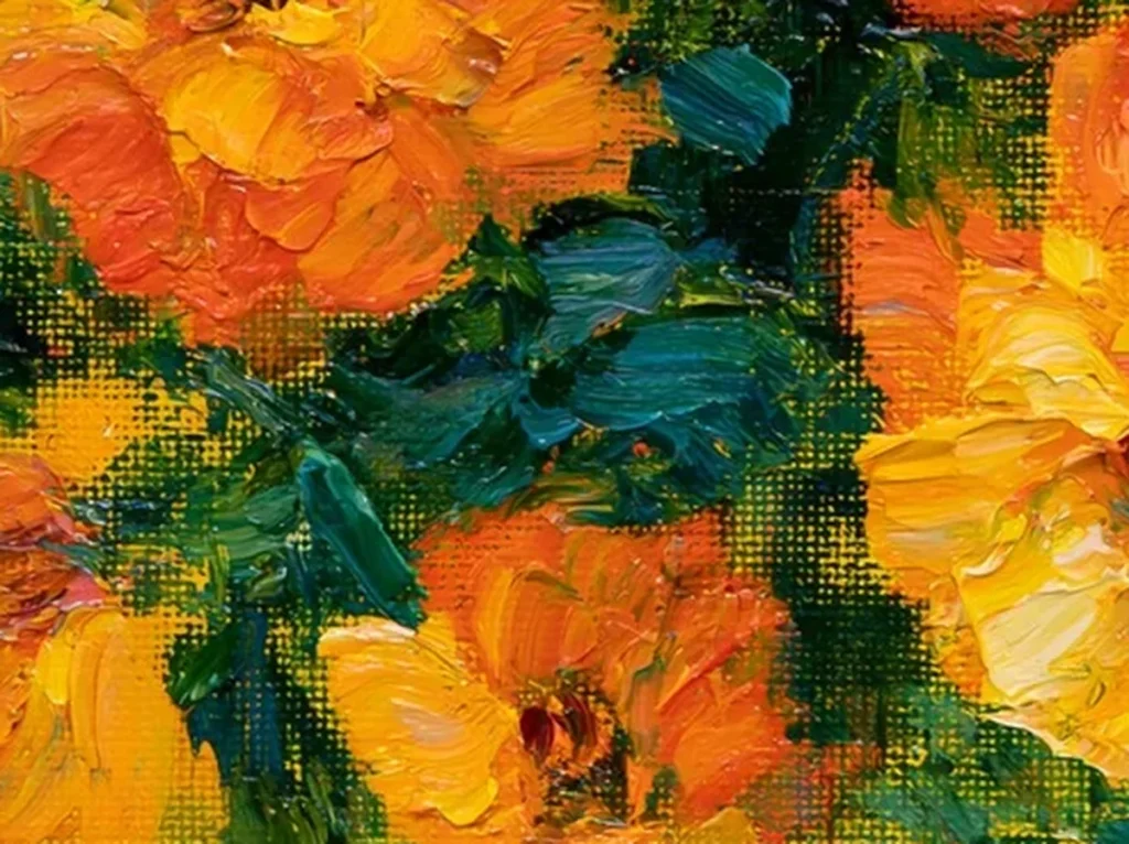 Close-up of the thick golden marigold petals in relief on canvas TA21