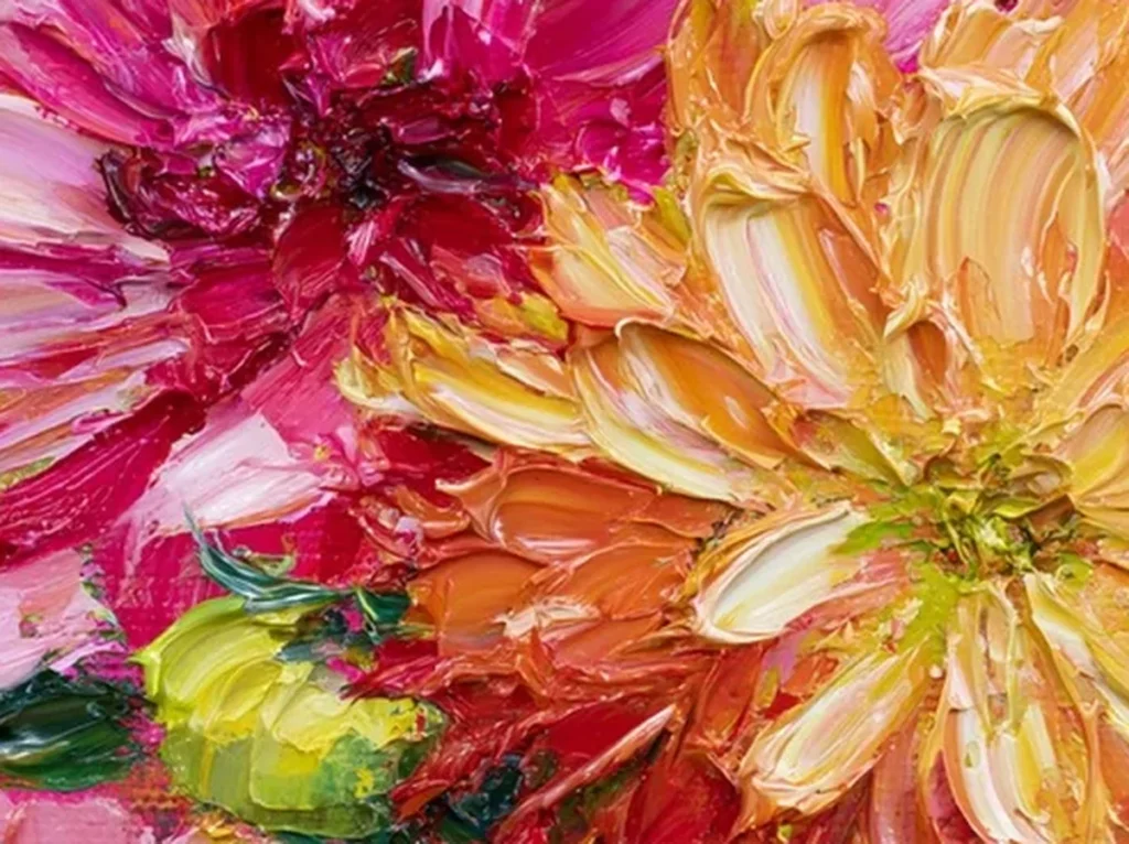 Close-up texture detail of heavy palette-knife dahlia petals in pink, orange, and gold impasto, TA23.