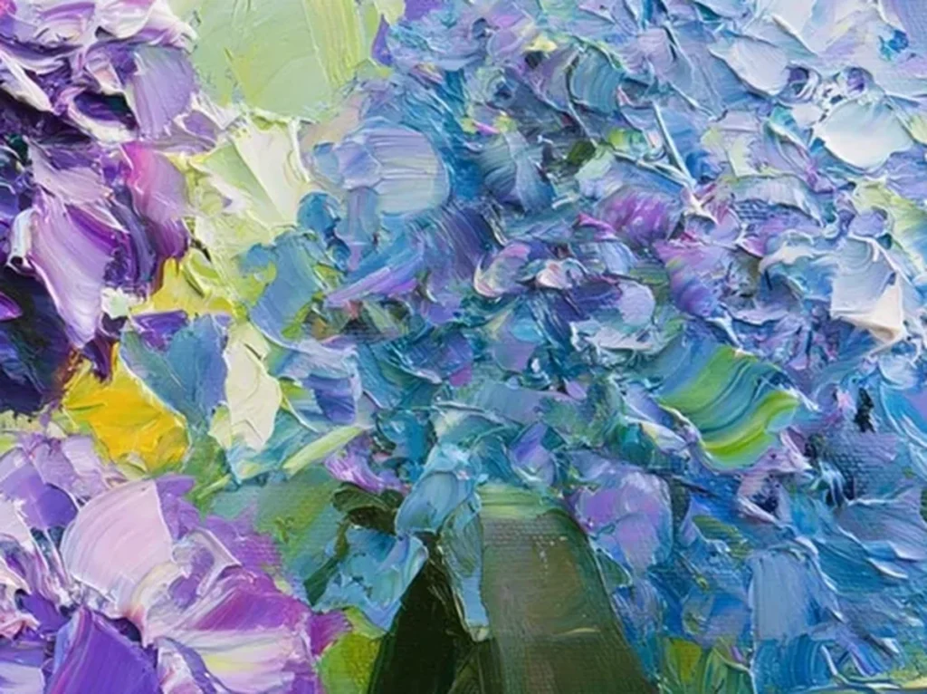 Detail crop of hydrangea relief canvas TA24 showing raised knife strokes forming individual blue and violet florets