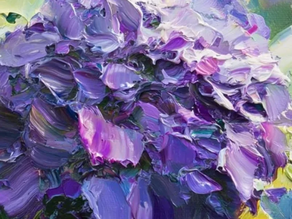 Extreme close-up of thick paint ridges and pulled petal edges in the purple hydrangea clusters on canvas TA24
