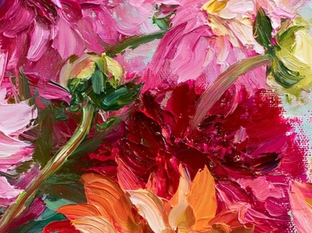 Close-up detail of feathered coral and blush dahlia petals in heavy impasto relief on textured canvas TA25