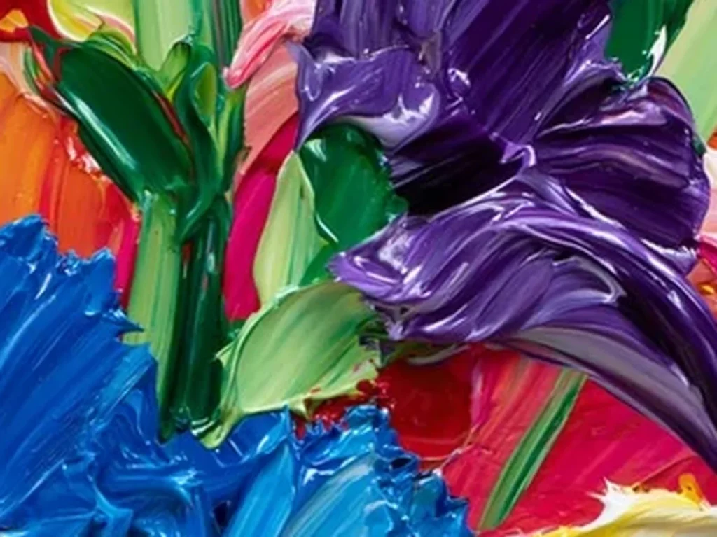 Close-up texture crop of bright bouquet relief canvas TA26, showing thick knife-pulled petals in red, yellow, and blue with sculpted black flower centers