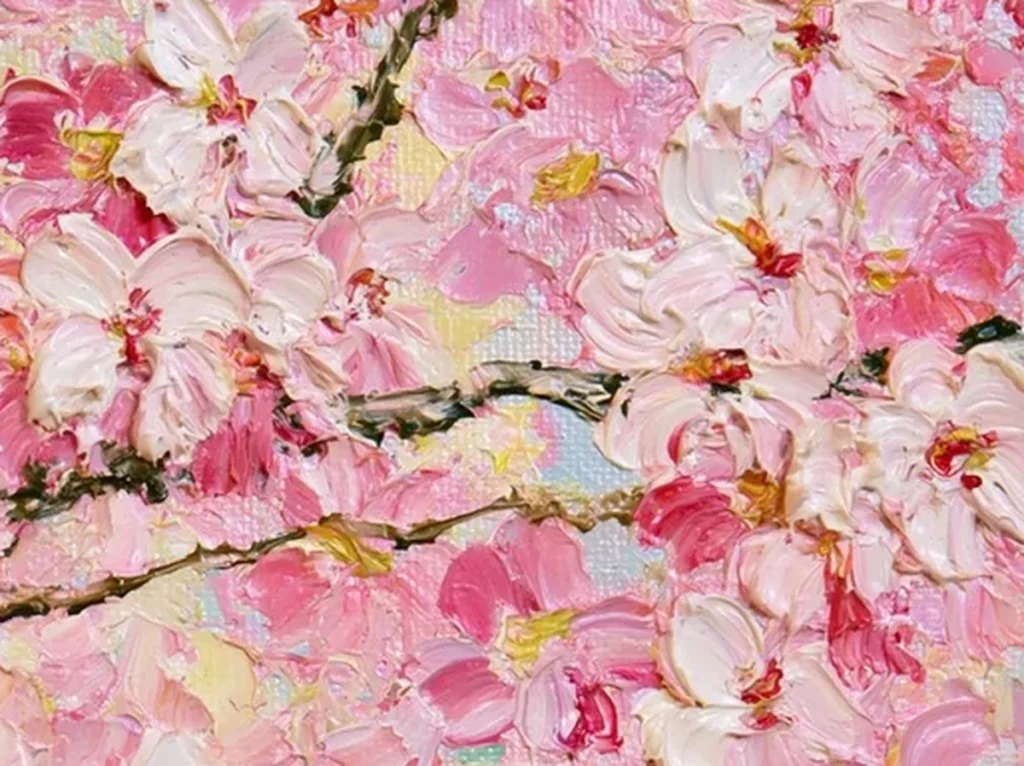 Close-up detail of raised blush and rose petal strokes with red flower centers on cherry blossom relief canvas TA27