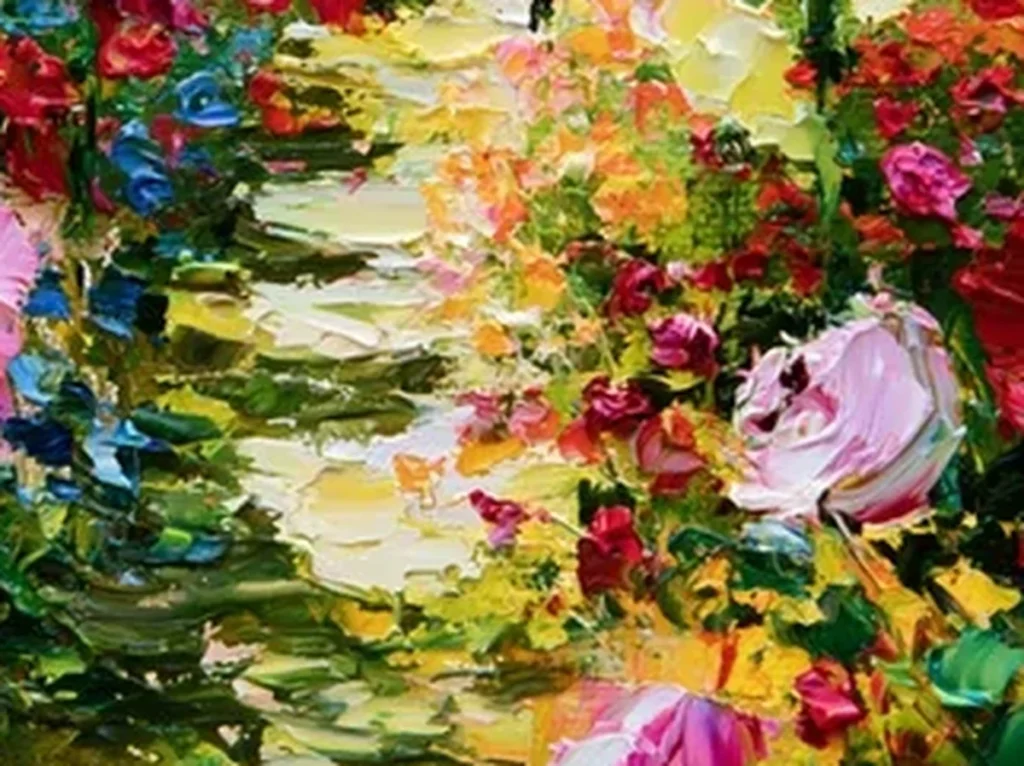 Close-up texture detail of thick magenta and red knife-painted hollyhock petals on garden path relief canvas TA28