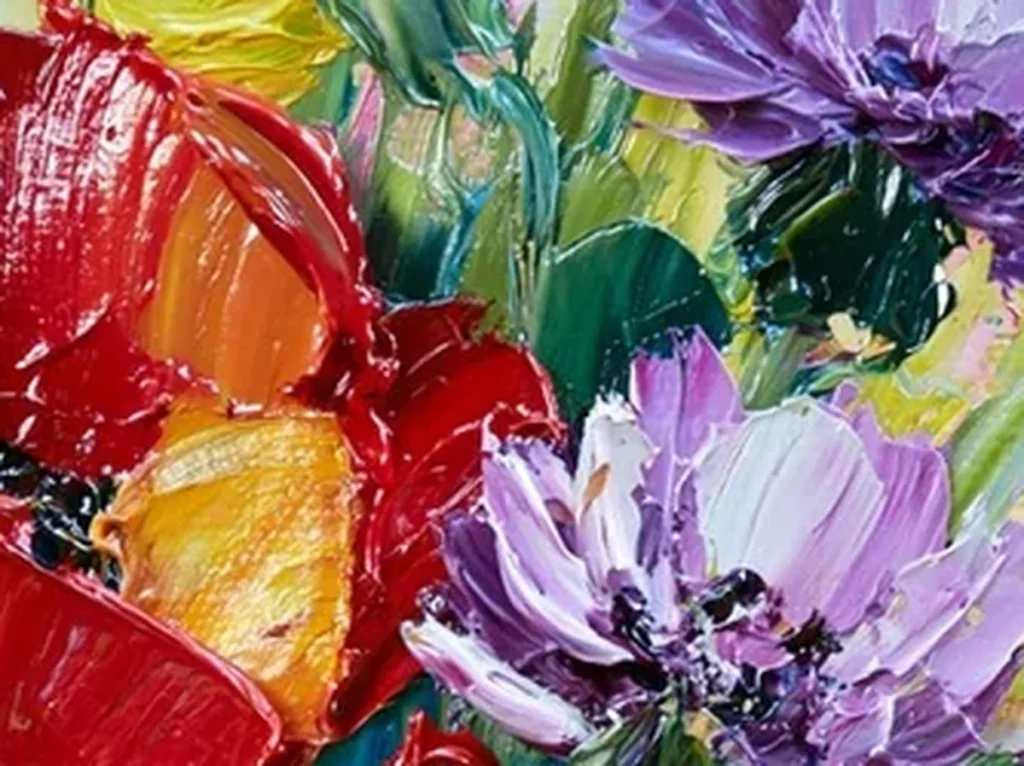 Detail crop of knife-painted red poppy and yellow petals with raised oil ridges on textured bouquet canvas TA29