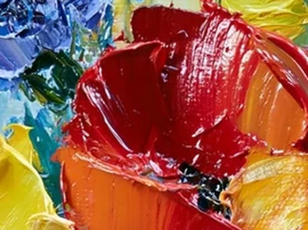Extreme close-up of thick oil paint ridges standing off the surface in the red and blue petals of bouquet canvas TA29