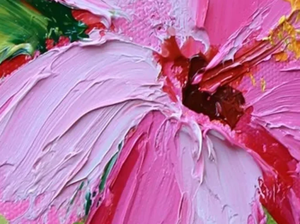 Detail crop of thick knife-built pink hibiscus petals with raised white highlights on textured canvas TA30