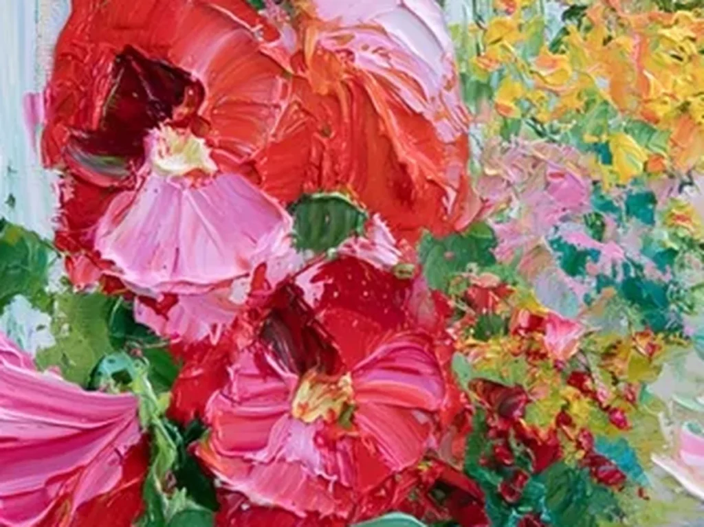 Close-up of thick palette-knife petals in crimson, hot pink, and pale celadon green flowers along the garden path in textured floral painting TA31