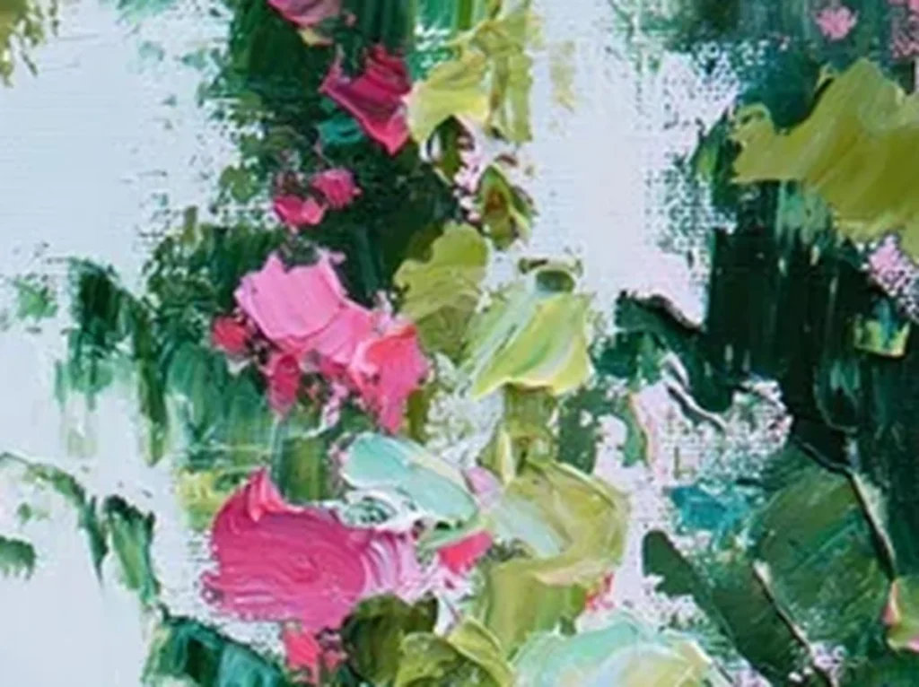 Extreme macro of a single raised knife stroke of crimson hollyhock paint standing off the canvas in impasto garden painting TA31