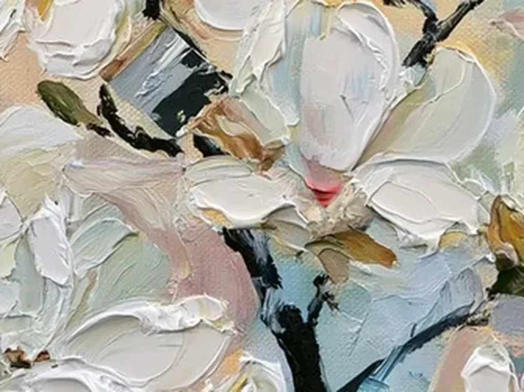 Close-up of thick white palette-knife blossom petals with yellow and red-orange stamen centers on dark branches in textured cherry blossom painting TA32