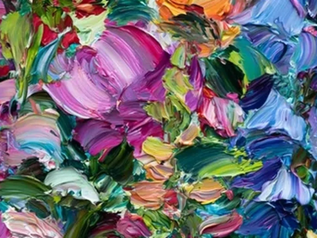 Close-up texture detail of the densely packed roses and blue and magenta blooms in maximalist painting TA33, showing thick palette-knife strokes with no visible background.