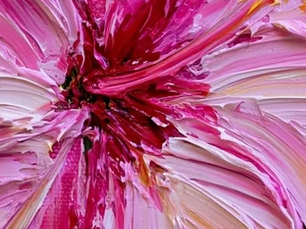 Close-up texture detail of the blush pink and orange hibiscus petals in textured painting TA34, with thick palette-knife strokes fanning out from a bright yellow stamen.