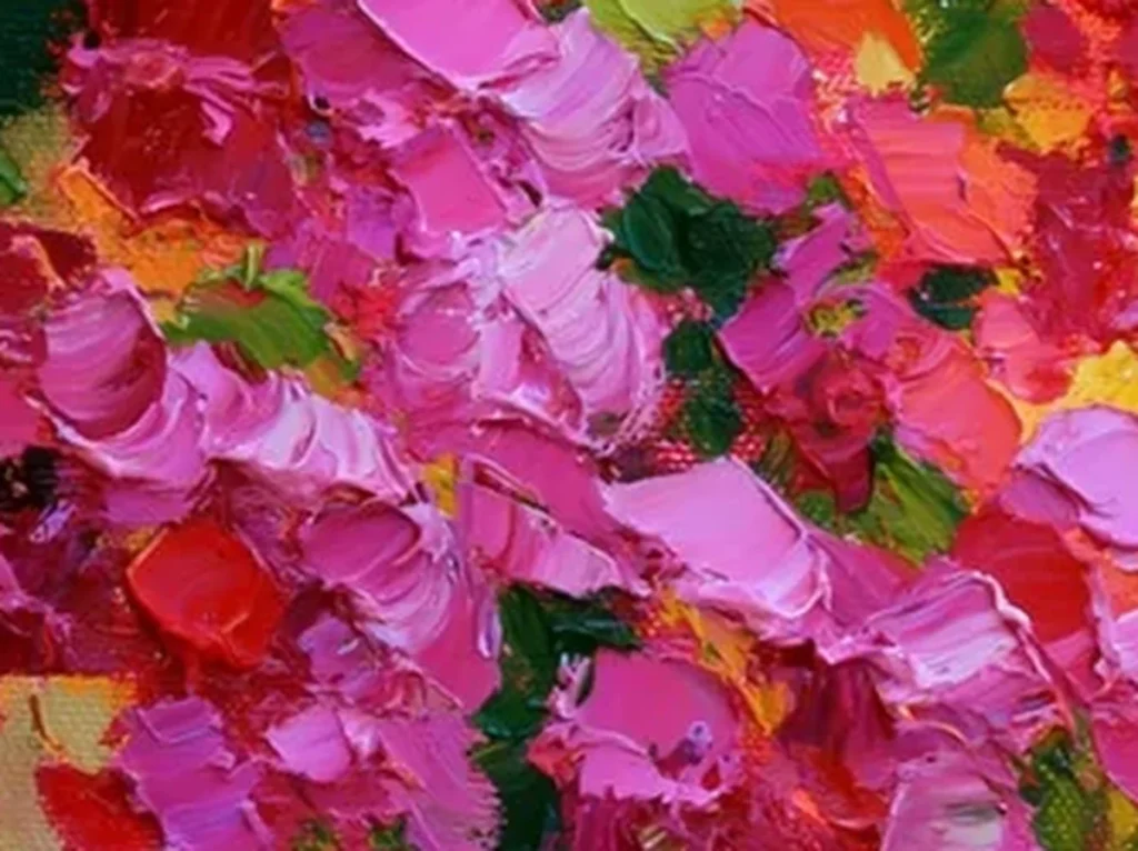 Close-up texture detail of the cascading magenta and hot pink bougainvillea petals against the pale stone wall in textured painting TA35, showing thick palette-knife ridges.