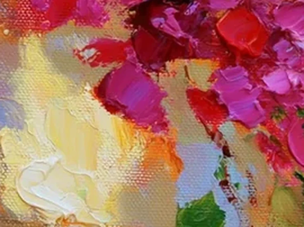 Extreme macro close-up of the magenta and pink bougainvillea petals in TA35, each a separate thick palette-knife dab standing off the linen in raised relief.