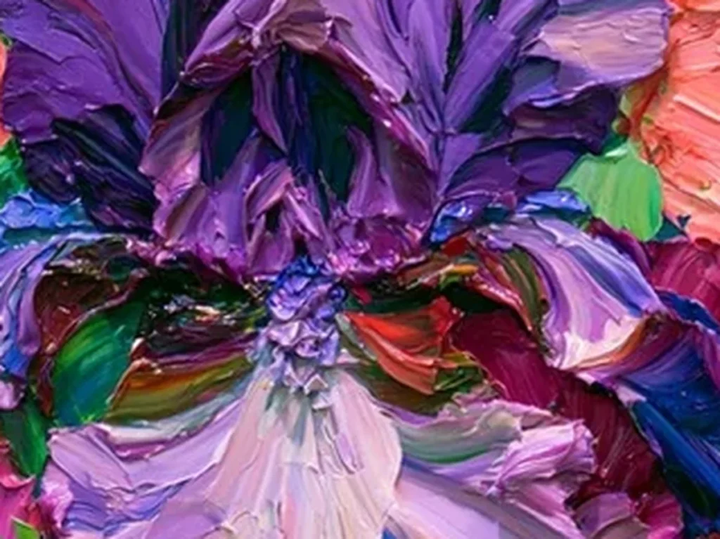 Close-up texture detail of the purple iris relief canvas TA36, showing thick palette-knife ridges in the violet petals and coral peony strokes.