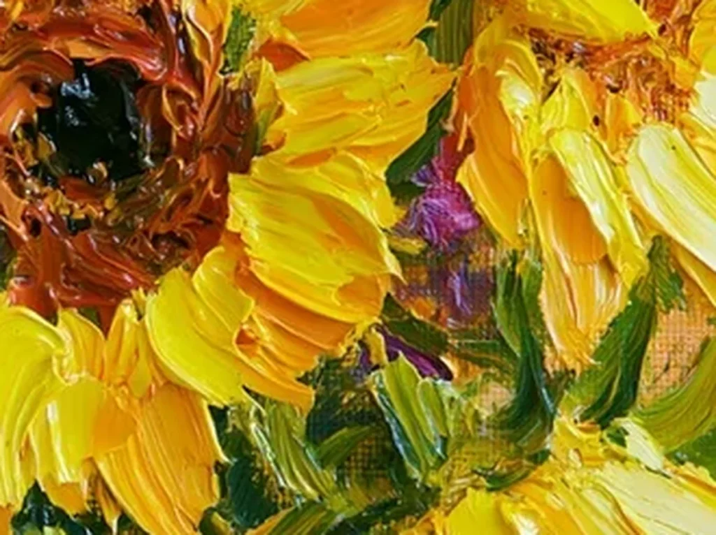 Close-up texture detail of the impasto sunflower canvas TA37, showing raised golden-yellow knife petals around a dark brown center.