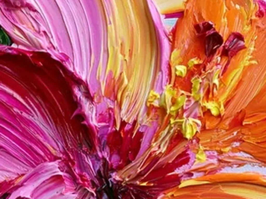 Close-up texture detail of the pink hibiscus relief canvas TA38, showing raised magenta and orange knife strokes radiating from a yellow center.