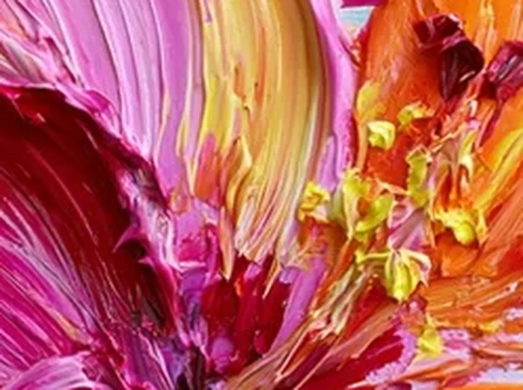 Extreme macro of a single hibiscus center on canvas TA38, with raised yellow stamen dots and magenta-to-orange palette-knife ridges.