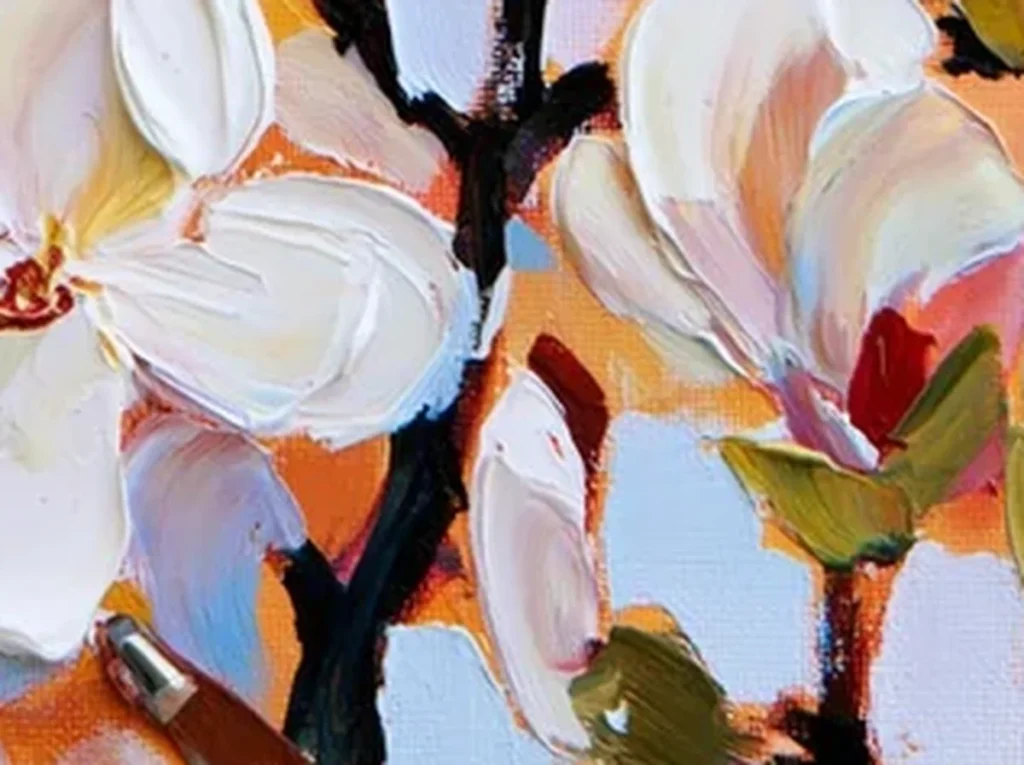 Close-up of thick knife-pulled white magnolia petals standing off the canvas over a warm apricot ground, textured floral wall art TA39