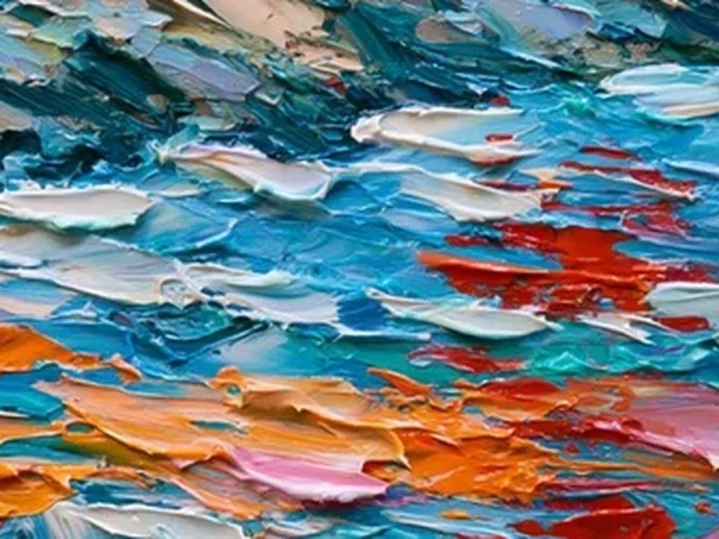 Close-up of heavy palette-knife water strokes in turquoise, red, and pink beneath the red lighthouse, textured coastal wall art TA40