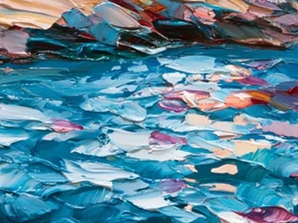 Close-up of the knife-built rocks and teal waves on lighthouse relief canvas TA41