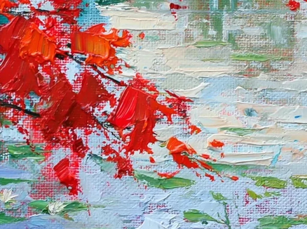 Close-up of thick red and orange palette-knife maple leaves standing off the canvas above teal water, texture detail of red maple painting TA42.