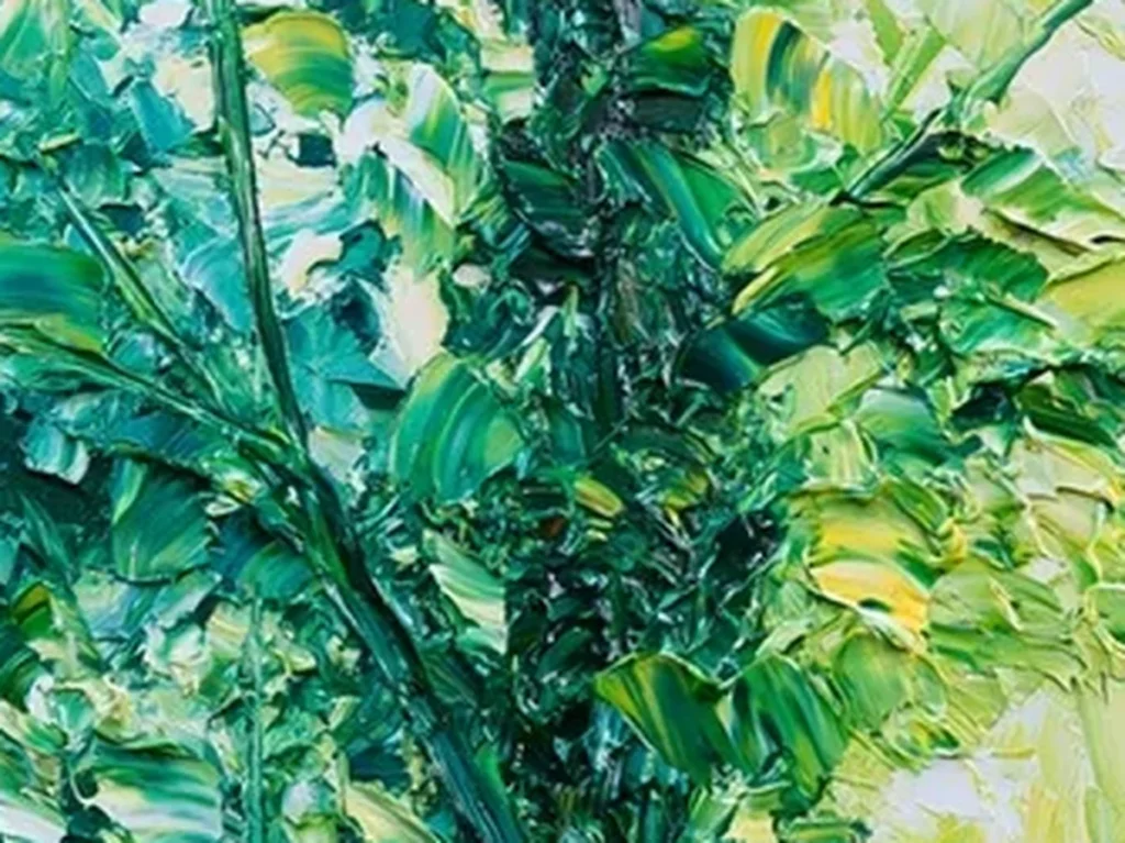Close-up of thick fan-shaped green leaf strokes with pale yellow light breaking through, textured forest wall art TA43