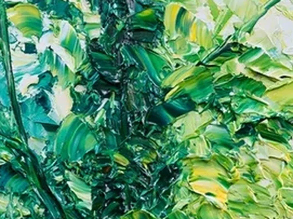 Extreme macro of one raised palette-knife leaf stroke in deep and lime green, showing the ridged impasto edge on the linen, TA43