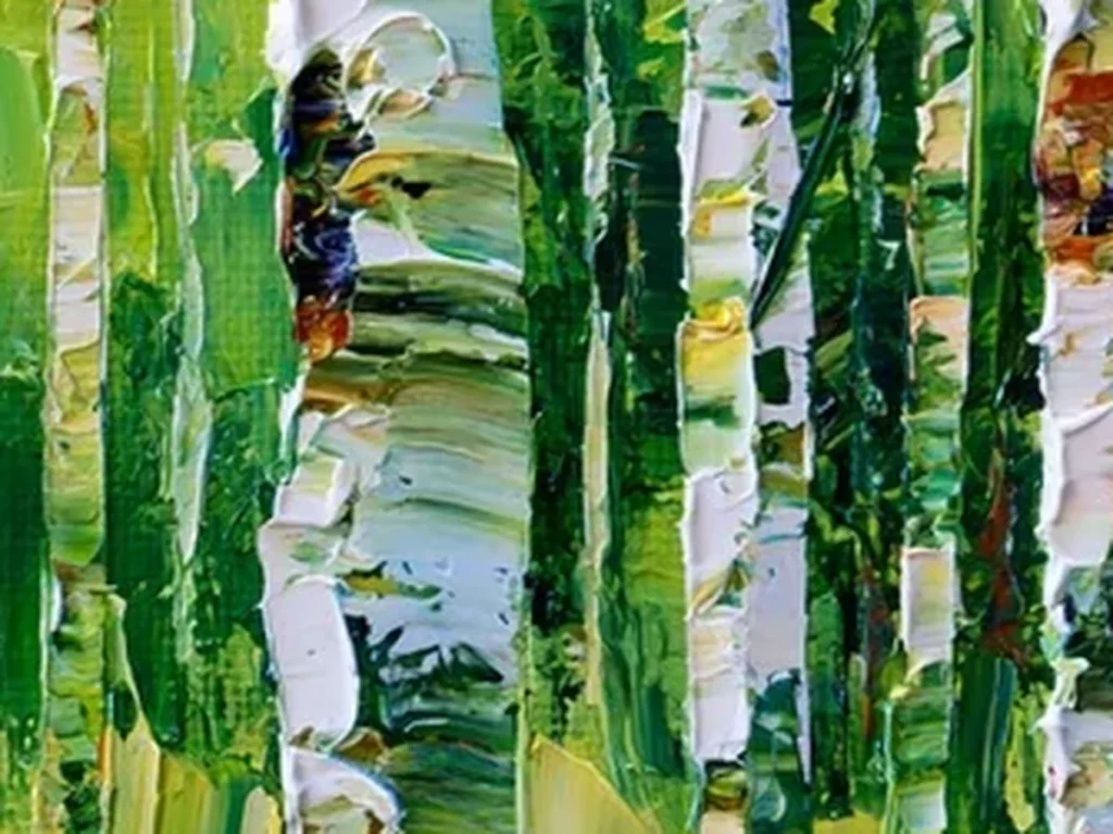 Close-up of the palette-knife texture in birch grove painting TA45, showing square green leaf-dabs and white birch trunks built in thick raised paint.
