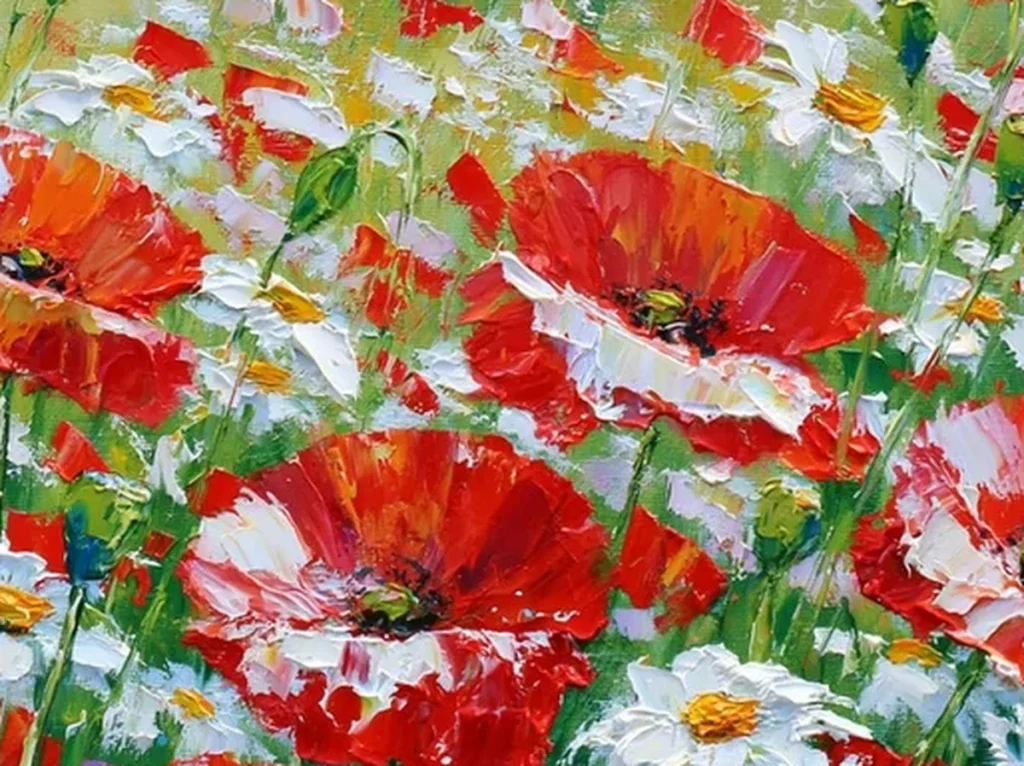 Close-up of thick white daisy and red poppy petals built in heavy palette-knife strokes, texture detail of wildflower meadow painting TA46.