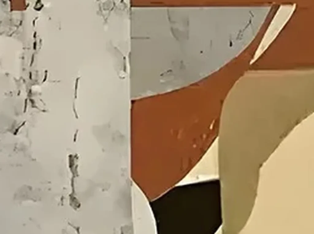 Extreme close-up of the speckled matte paint surface in rust and gray on wabi-sabi canvas WA04