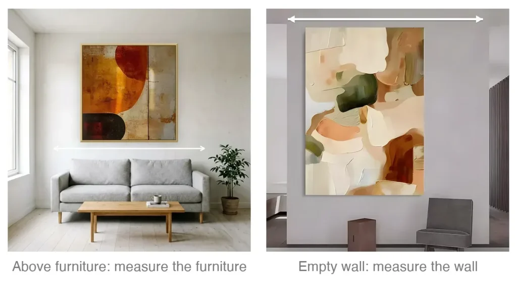 Wall art size guide comparison: a square abstract painting above a gray sofa with an arrow measuring the furniture width, beside a large canvas on an empty wall with an arrow measuring the wall width.