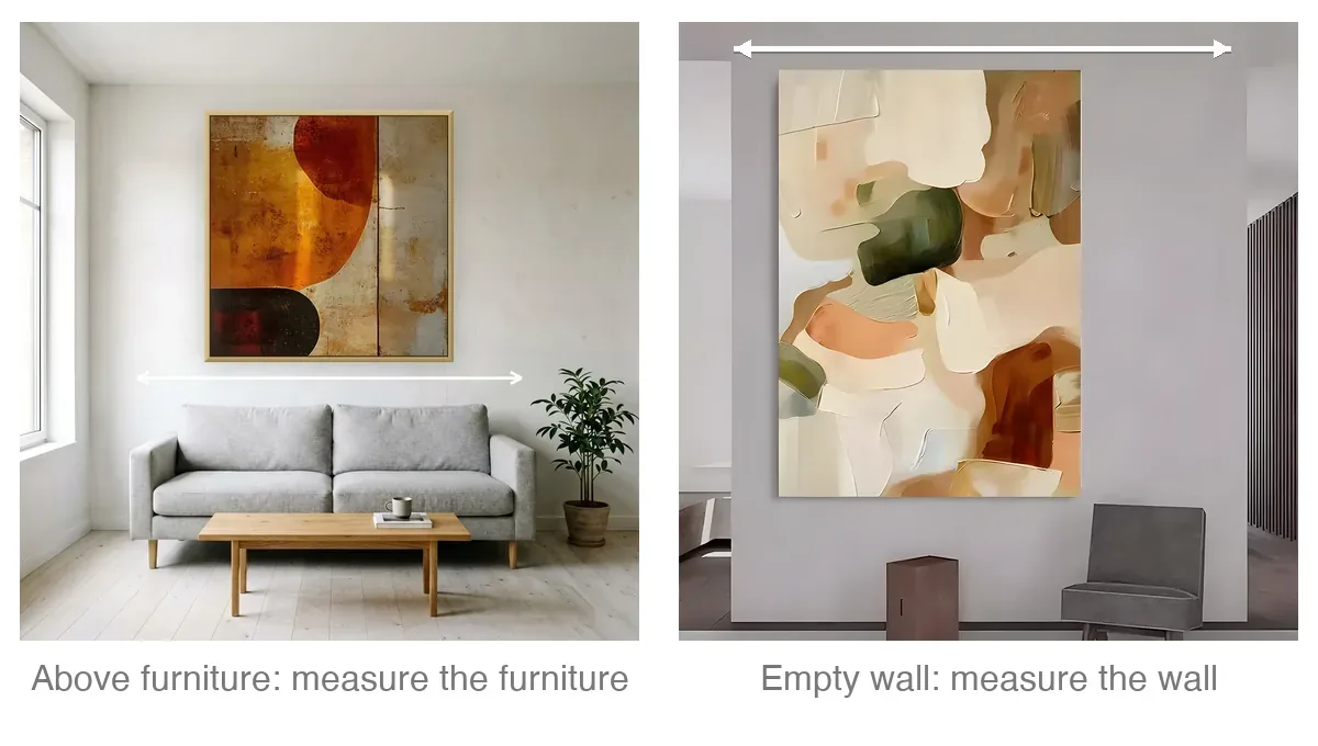 Wall art size guide comparison: a square abstract painting above a gray sofa with an arrow measuring the furniture width, beside a large canvas on an empty wall with an arrow measuring the wall width.