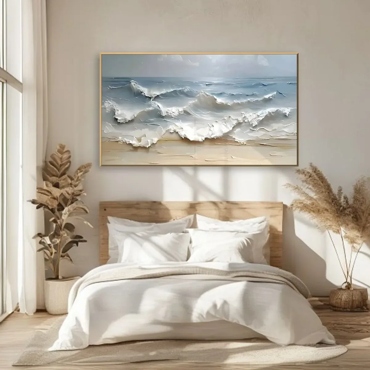 Soft blue and white textured seascape painting hung above a wooden headboard, a calm horizontal painting size that suits the bedroom and echoes the wide low line of the bed.