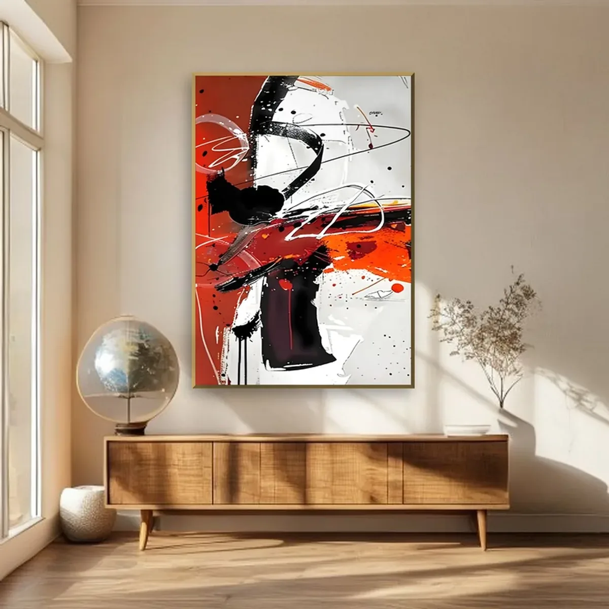 Vertical crimson, black and white gestural painting above a midcentury wooden console, a bold painting size choice that draws the eye upward and fills about two thirds of the console width.