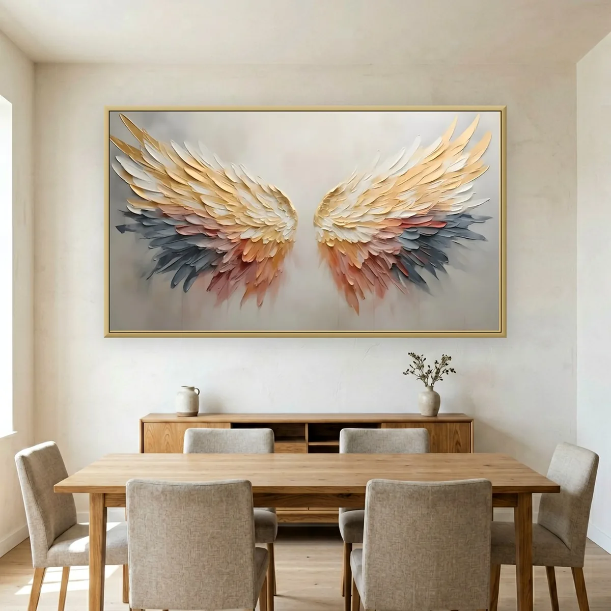 Gold and blush angel wings relief painting hung above a dining sideboard, a statement wall art size that anchors the dining table wall with warm color and sculptural texture.