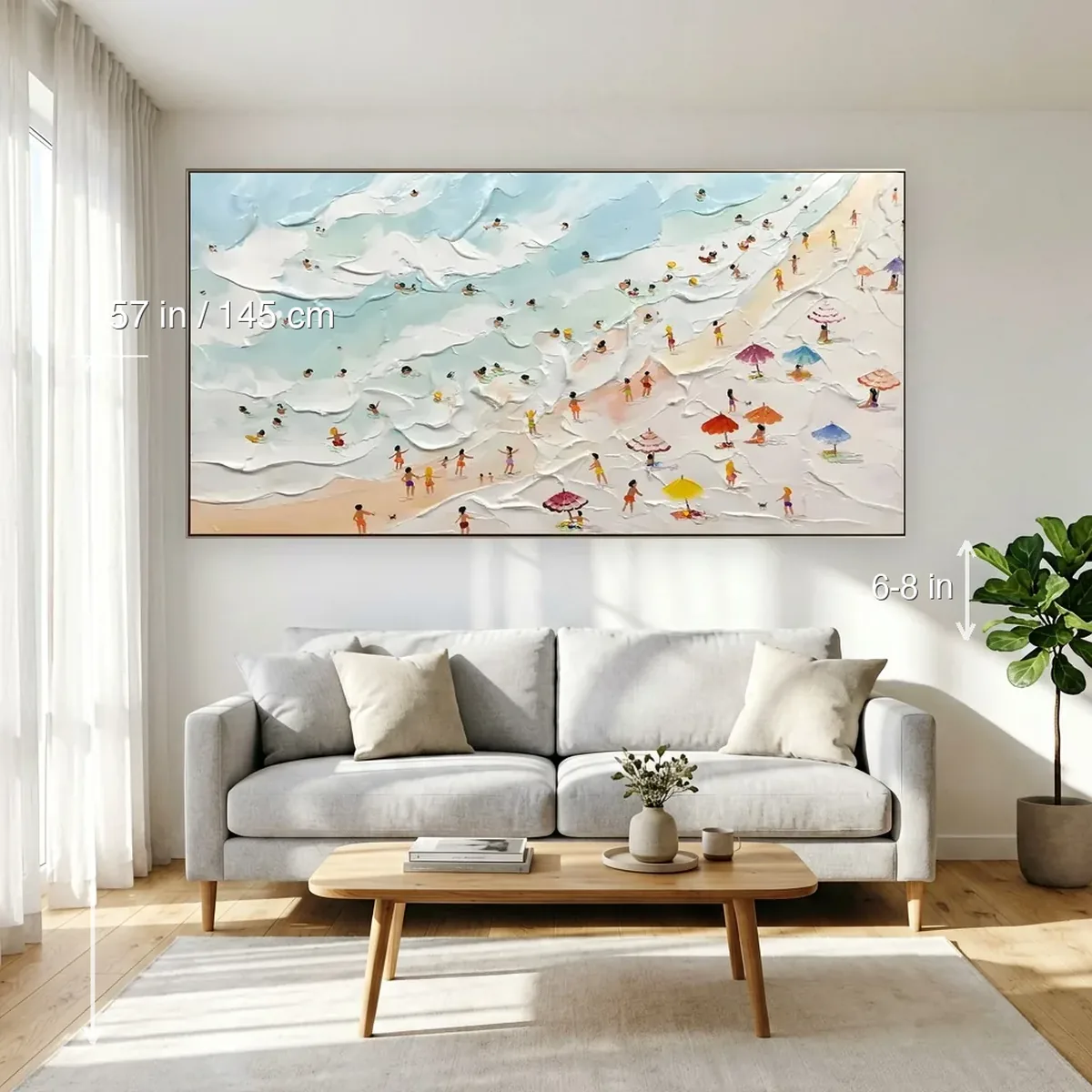 Wall art hanging height guide: a living room scene annotated with the 57 inch, 145 cm center height from the floor and the 6 to 8 inch gap between the sofa and the painting.