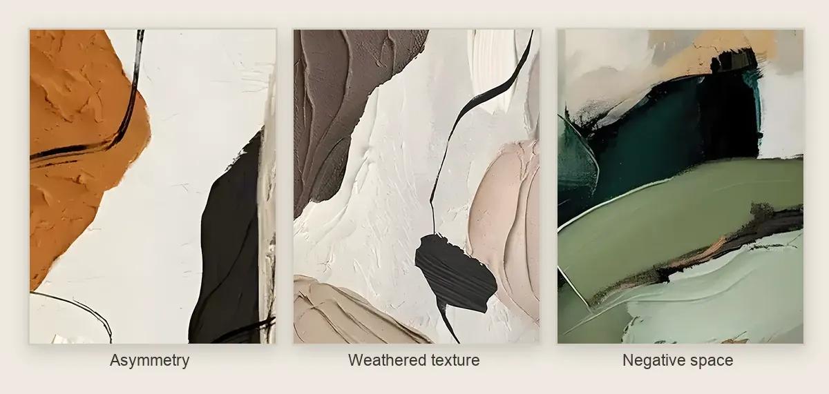 the three principles of wabi-sabi art shown on hand-painted canvases, asymmetry, weathered texture, and open negative space