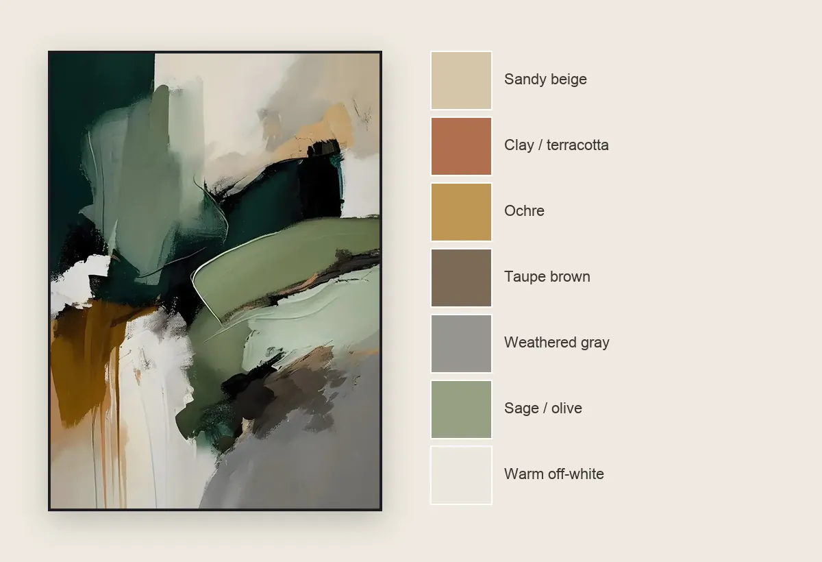 wabi-sabi color palette of beige, clay, ochre, weathered gray and off-white shown beside a hand-painted sage and cream canvas