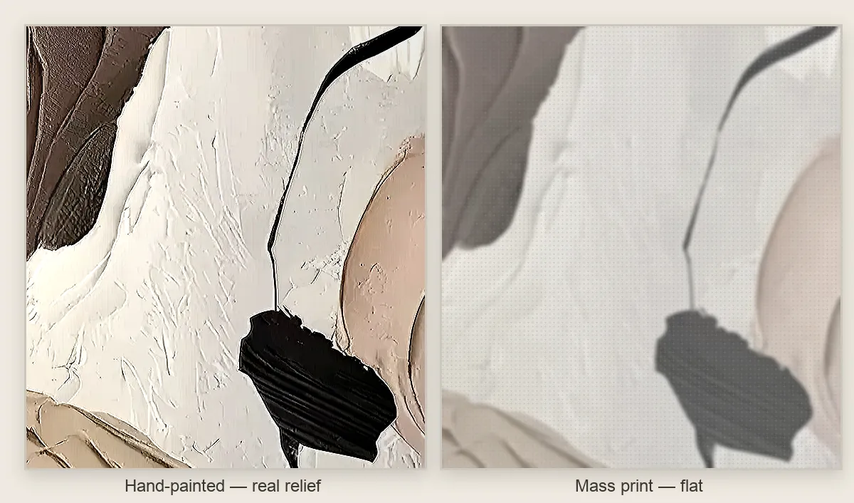 raking light on a hand-painted wabi-sabi canvas showing real plaster texture and shadow that a flat mass-printed reproduction cannot recreate