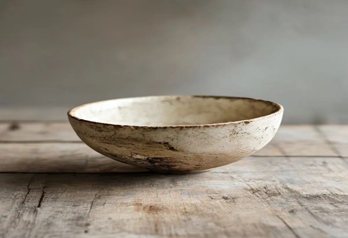 a rustic tea bowl with a weathered patina and uneven glaze, a classic tangible example of the wabi-sabi aesthetic in Japanese craft