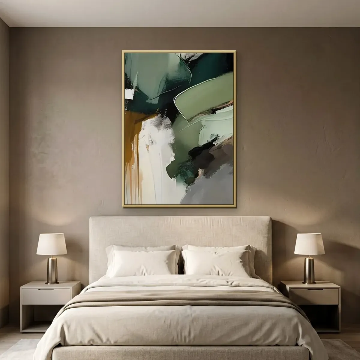 soft sage green wabi-sabi wall art hanging above a bed in a calm neutral bedroom, hand-painted low-contrast abstract for a restful space