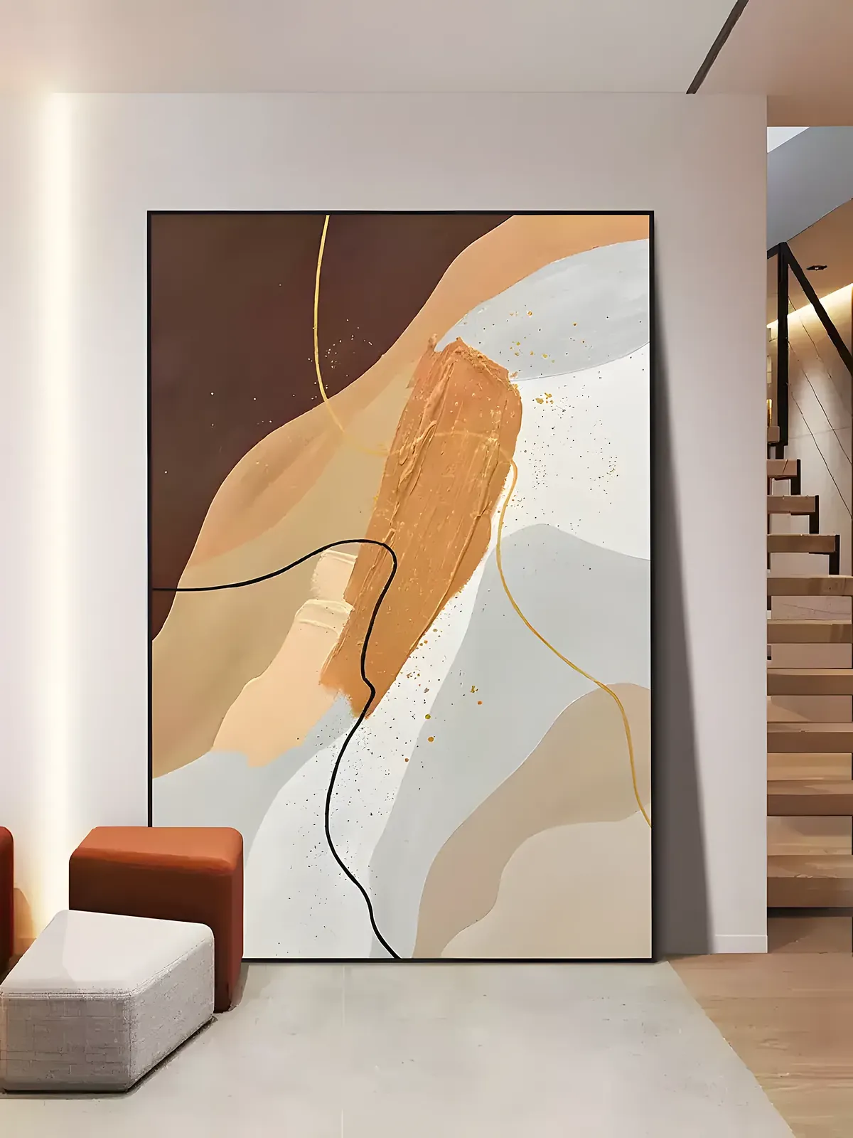 minimalist wabi-sabi wall art in a narrow hallway entryway, hand-painted single gestural mark on a muted earthy background