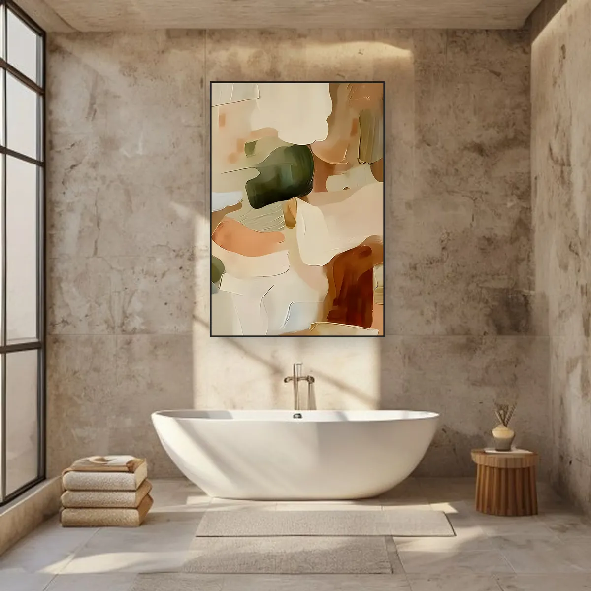small wabi-sabi wall art above a bathroom tub, hand-painted muted abstract in a calm neutral bathroom