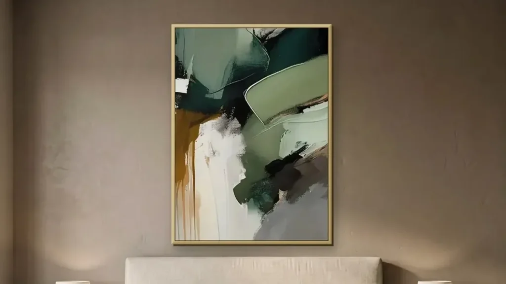 soft sage green wabi-sabi wall art hanging above a bed in a calm neutral bedroom, hand-painted low-contrast abstract