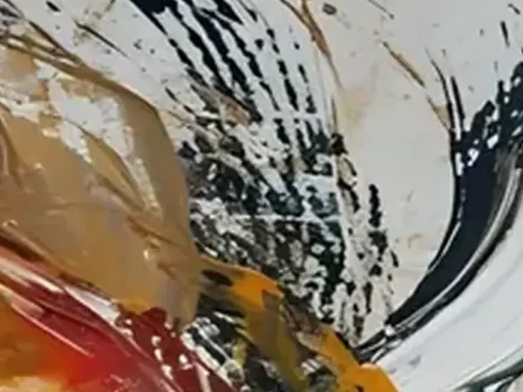 Close-up of the orange and black knife ribbons forming the stallion's mane on canvas XA01
