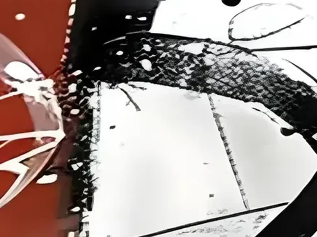 Close-up of a loaded black gestural brushstroke and flung white lines over brick red and orange, texture detail of abstract painting XA02.