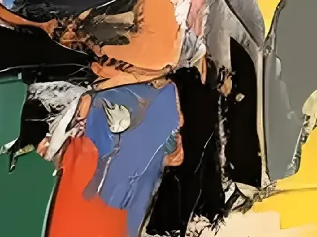 Detail crop of bold abstract painting XA03 showing thick orange and yellow knife slabs with raised edges