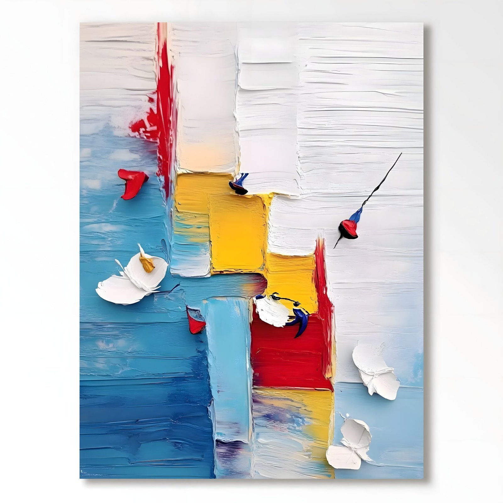 Colorful abstract painting with layered red and cream shapes displayed above a green sofa.